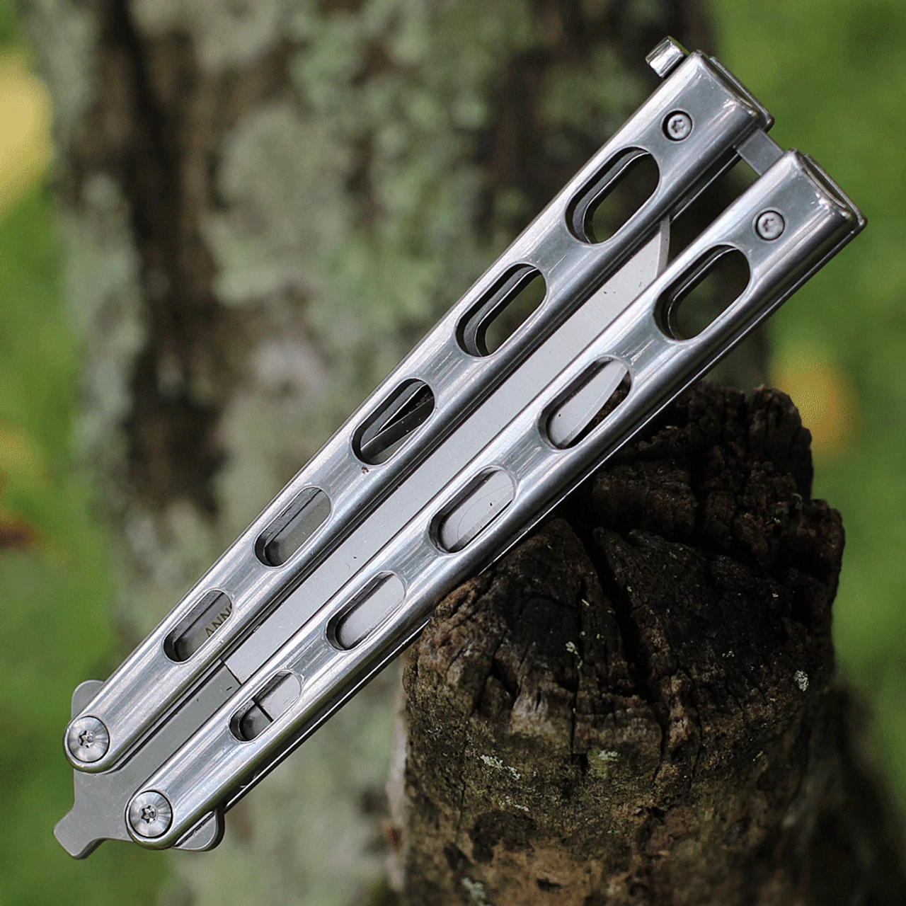 Bear & Son Cutlery 30th Anniversary Butterfly Knife SS14D2, 3.62" D2 Clip Point Blade, Stainless Steel Handle 5 Bear & Son Cutlery 30th Anniversary Butterfly Knife SS14D2, 3.62" D2 Clip Point Blade, Stainless Steel Handle - Image 3