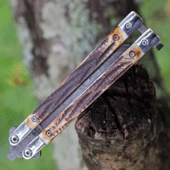 Bear & Son India Stag Bone Butterfly 517D, 3.5" High Definition Damascus Plain Blade, Brown Genuine India Stag Bone Handles -Knife Sale Store BC517D.3 07161.1625673393