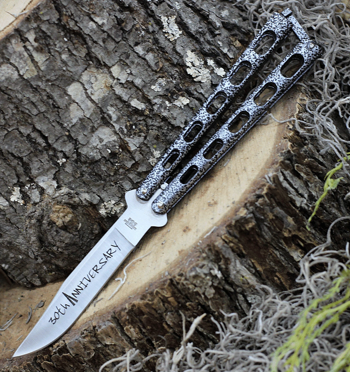 Bear & Son Cutlery 30th Anniversary Butterfly Knife ANN114 , 4.25" 440 Satin Embellished Blade, Silver Vein Handle