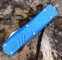 CobraTec Blue FS-X OTF Knife CTKMBLUFS-XMDAG2SS, 3" D2 Steel Dagger Double Serrated Blade, Blue Aluminum Handle -Knife Sale Store MBLUFS XMDS.2 80904.1583253192