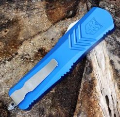 CobraTec Blue FS-X OTF Knife CTKMBLUFS-XMDS, 3" D2 Steel Drop Point Serrated Blade, Blue Aluminum Handle -Knife Sale Store MBLUFS XMDS.3 75281.1583253276