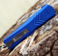 CobraTec Blue FS-X OTF Knife CTKMBLUFS-XMTS, 3" D2 Steel Tanto Serrated Blade, Blue Aluminum Handle -Knife Sale Store MBLUFSX.1 40147.1583253357