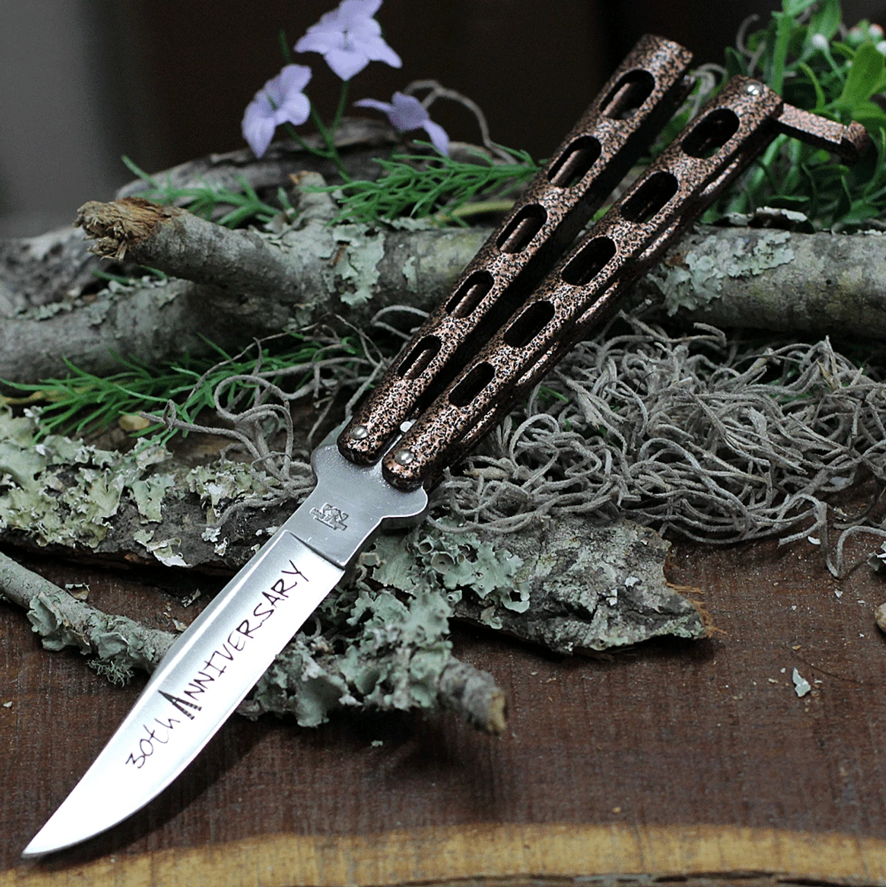 Bear & Son Cutlery 30th Anniversary Butterfly Knife ANN114CV, 4.25" 440 Satin Embellished Blade, Copper Vein Zinc Handle 3 Bear & Son Cutlery 30th Anniversary Butterfly Knife ANN114CV, 4.25" 440 Satin Embellished Blade, Copper Vein Zinc Handle