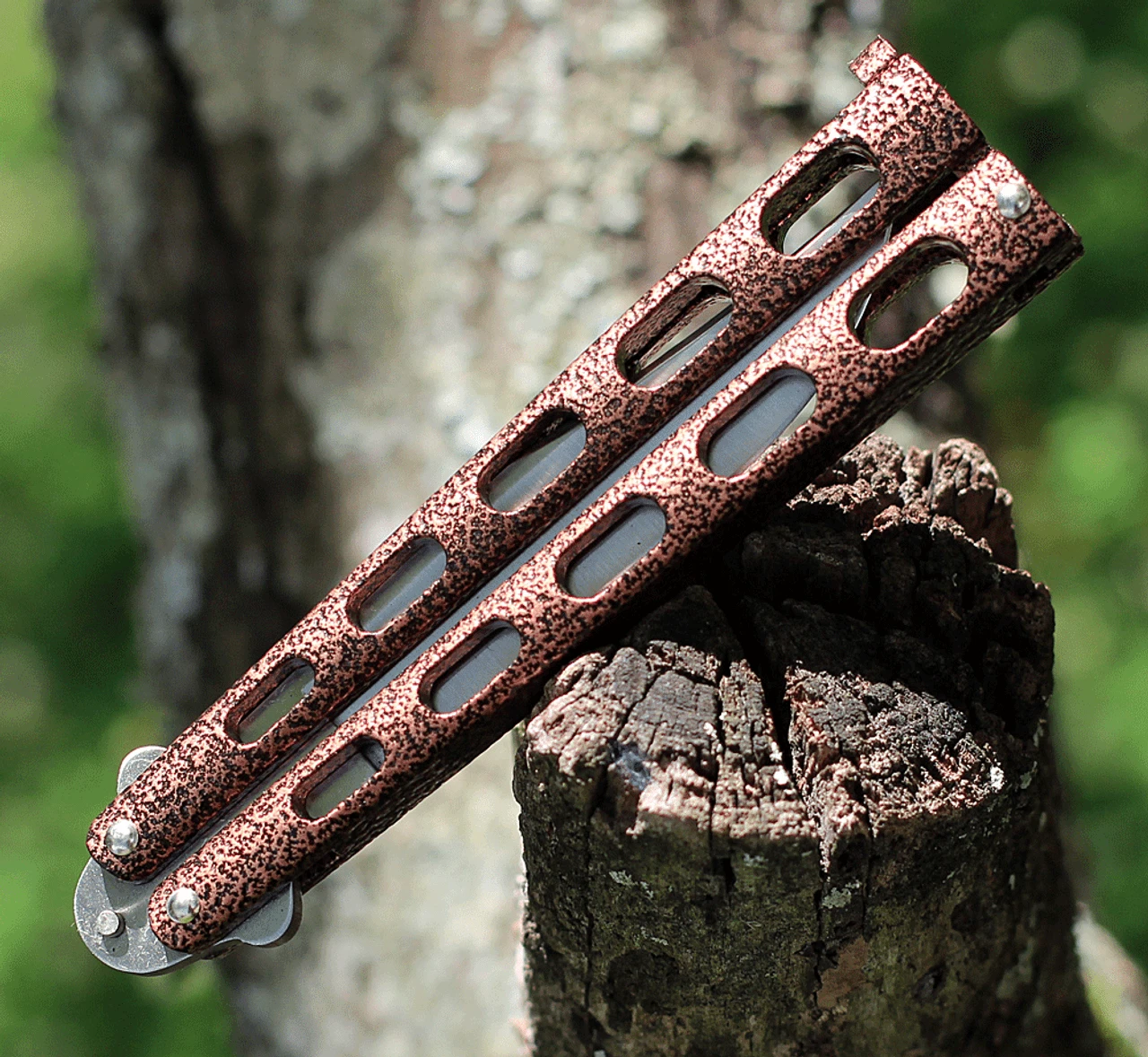 Bear & Son Cutlery 30th Anniversary Butterfly Knife ANN114CV, 4.25" 440 Satin Embellished Blade, Copper Vein Zinc Handle 4 Bear & Son Cutlery 30th Anniversary Butterfly Knife ANN114CV, 4.25" 440 Satin Embellished Blade, Copper Vein Zinc Handle - Image 2