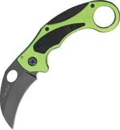 Benchmark Venom Karambit. 2 1/2" Black Finish Stainless Curved Blade With Thumb Hole. Neon Green Aluminum Handles.